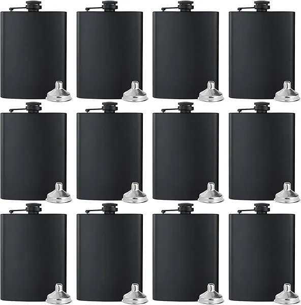 BALABALA Hip Flasks for Liquor for Men Women 12 pcs 8Oz Matte Black Stainless Steel Flask with 12 pcs Funnels for Wedding Party Groomsman Bridesmaid Birthdays Gift