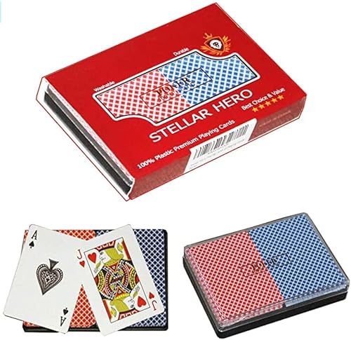 Stellar Hero 100% Plastic Playing Cards, Waterproof Playing Cards, Plastic Poker Cards, Washable Standard Index 52 + 2 Jokers Red & Blue Poker Cards Set, (Deck of Cards 2 Pack) in a Plastic Case