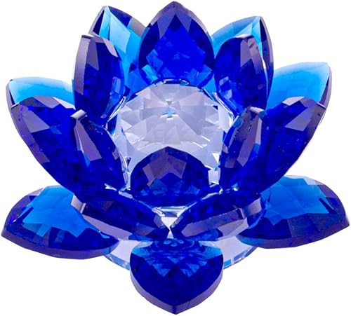 Amlong Crystal flor de loto de cristal azul zafiro de 3 pulgadas Decoración Feng Shui para el hogar con caja de regalo