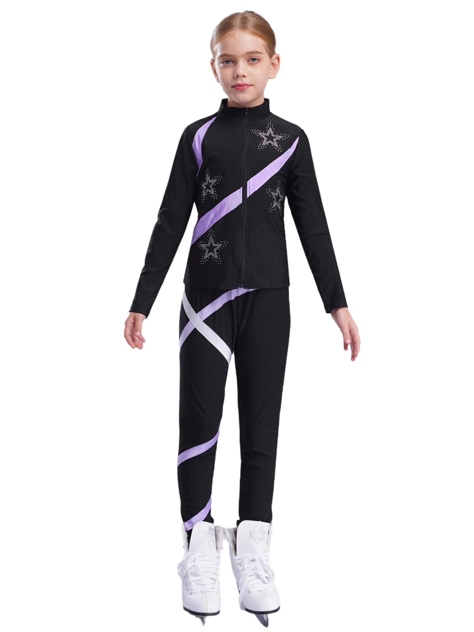 Freebily Kinder Trainingsanzüg Mädchen Eiskunstlauf Anzug Jacke Leggings Set Mit Strass-Stern Und Patchwork Eislaufen Sport Sweatsuit Tanzanzug Hellviolett 146-152