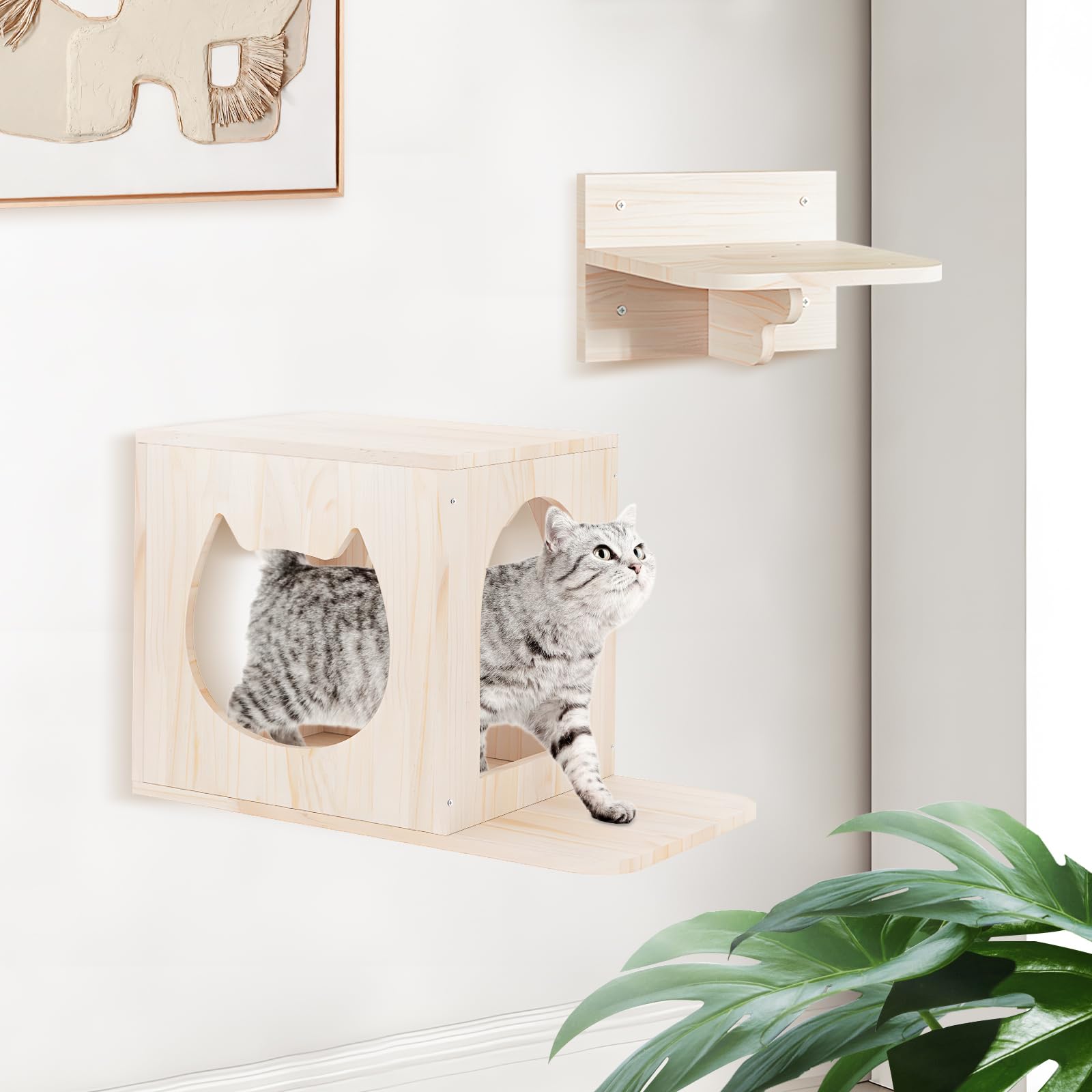Cat Wall Furniture Set, Cat Wall Shelves Cat Wall Climber with 1 Cat Wall House and 1 Cat Wall Step Wooden Wall Mounted Cat Bed Cat Shelves and