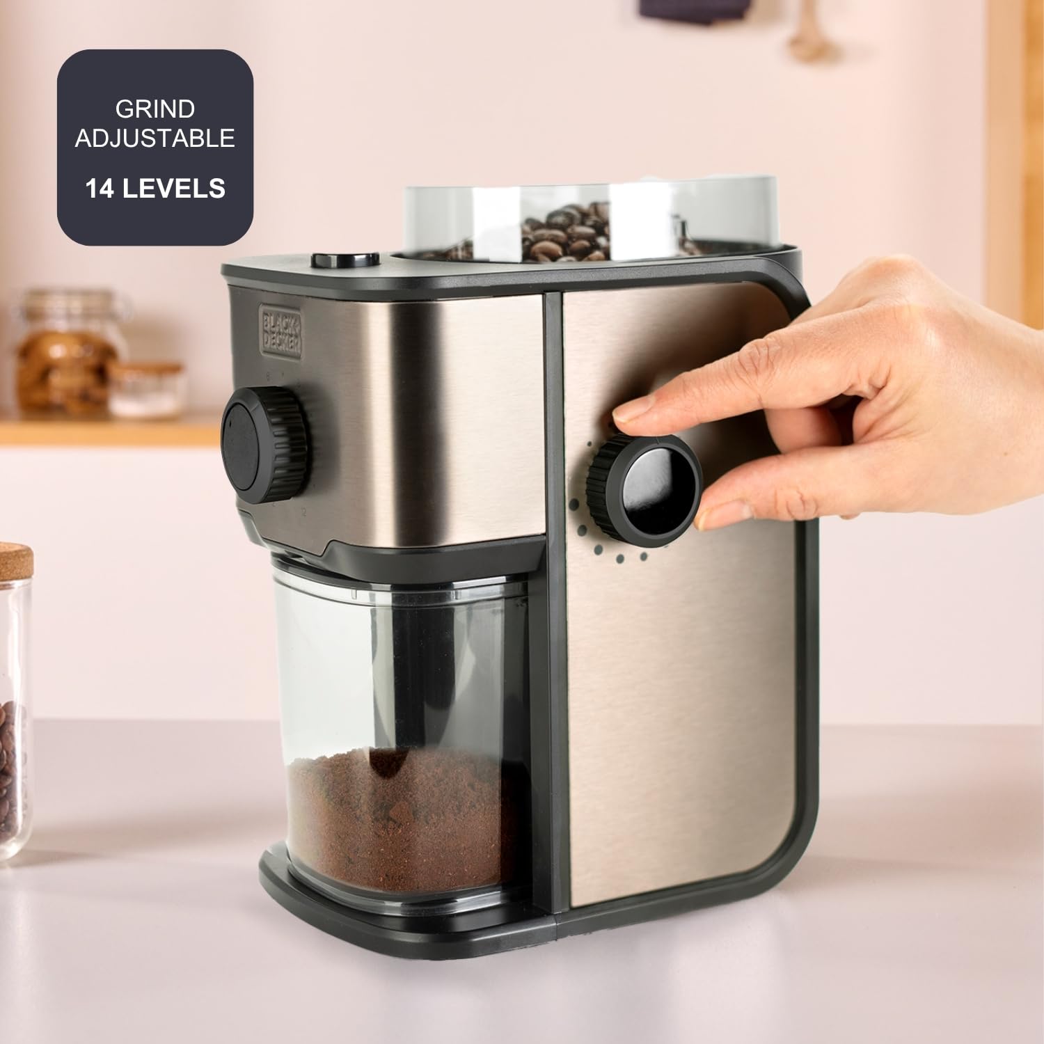 Black+Decker - Elektryczny młynek do kawy BXCG151E | 200g Zbiornik | 14 poziomów mielenia | Pojemność 12 filiżanek | Konstrukcja ze stali zapobiegającej odciskom palców | Świeża i aromatyczna kawa |