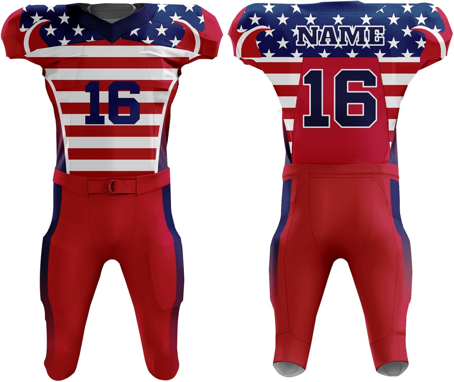Custom Unisex Adult Youth Patriotic American Flag Football Uniform – Includes Jersey & Pants Custom Unisex Adult Youth Patriotic American Flag Football Uniform – Includes Jersey & Pants