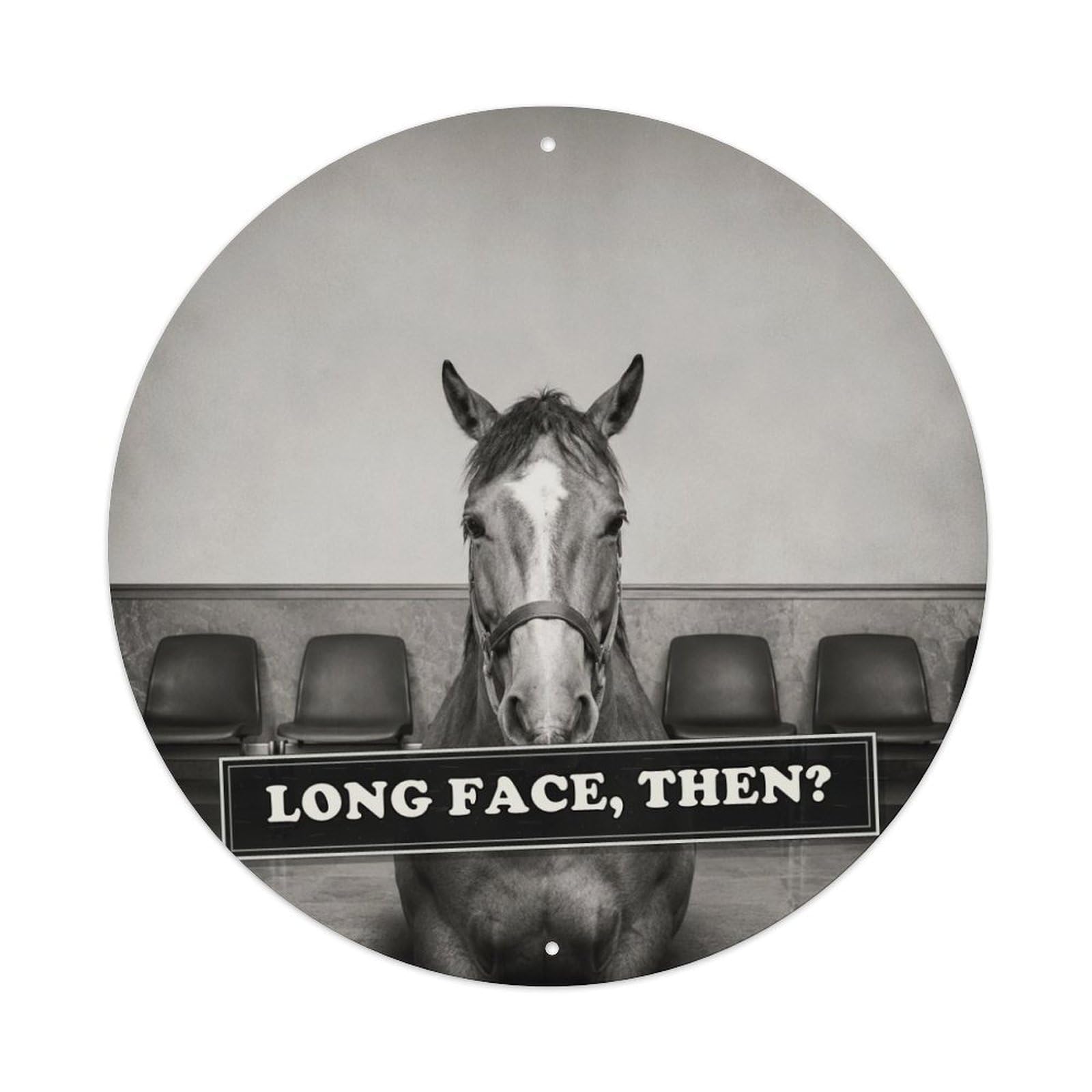 Animal Horse Waiting Anthropomorphic Dark Humor Black Fable Metal Tin Sign Plaque Wall Decor for Cafe, Man Cave, Club Bar, Office, Home Garden Round Metal Poster 8x8Inch