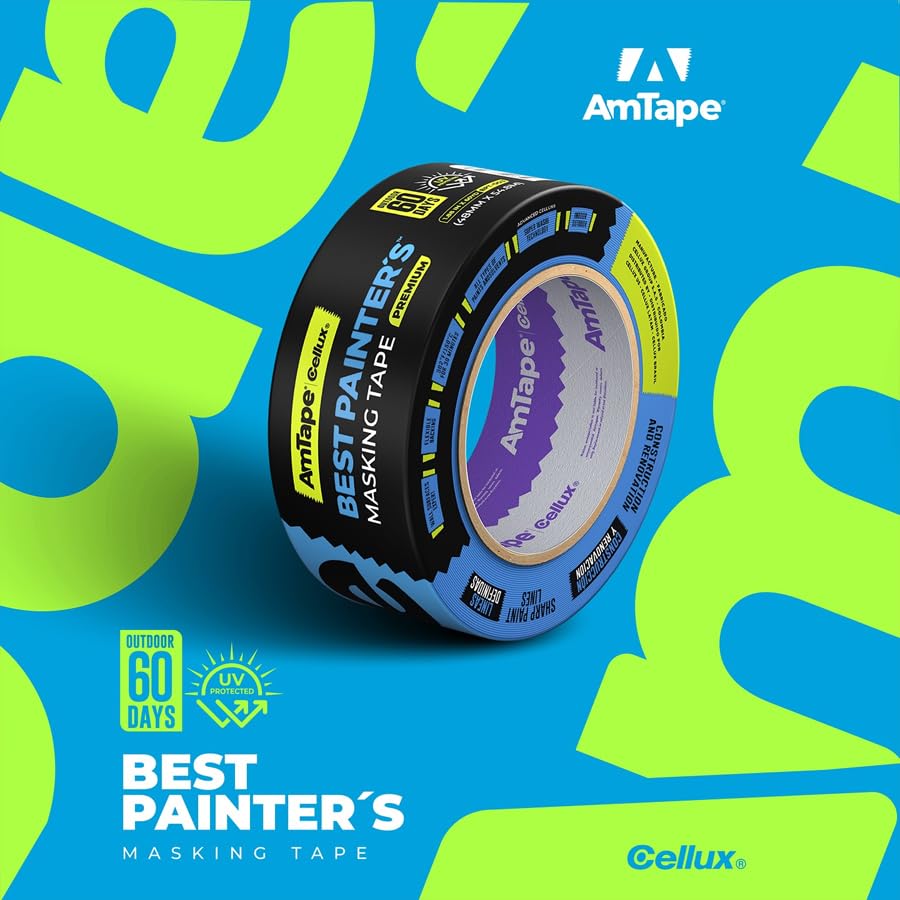 AmTape Premium Best Painter’s Masking Tape, Solvent & Moisture Resistant, 60-Day Clean Removal, Super Washi Painter’s Tape for Walls, Ceilings & Trim, Blue (2" - 3pk)