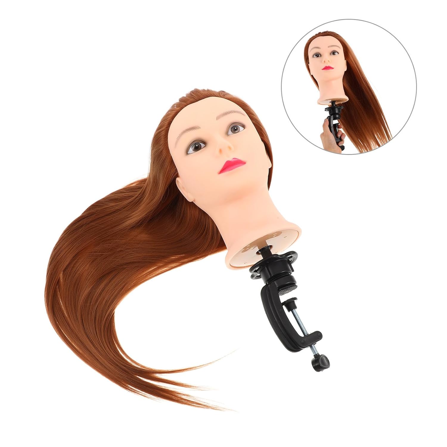 Zerodeko Hairdressing Mannequin Head with Synthetic Light Brown Hair and Metal Clamp Stand, Plastic Practice Head for Hair Styling Training with Tilt Adjustment, Suitable for Classroom Use