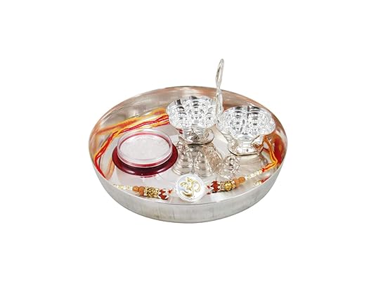 GoldGiftIdeas Pure 999 Silver OM Rakhi for Brother, Golden -Silver Rakhi for Rakshabandhan with Pooja Thali Set (5 Inch) Rakhi Gift for Men/Boys