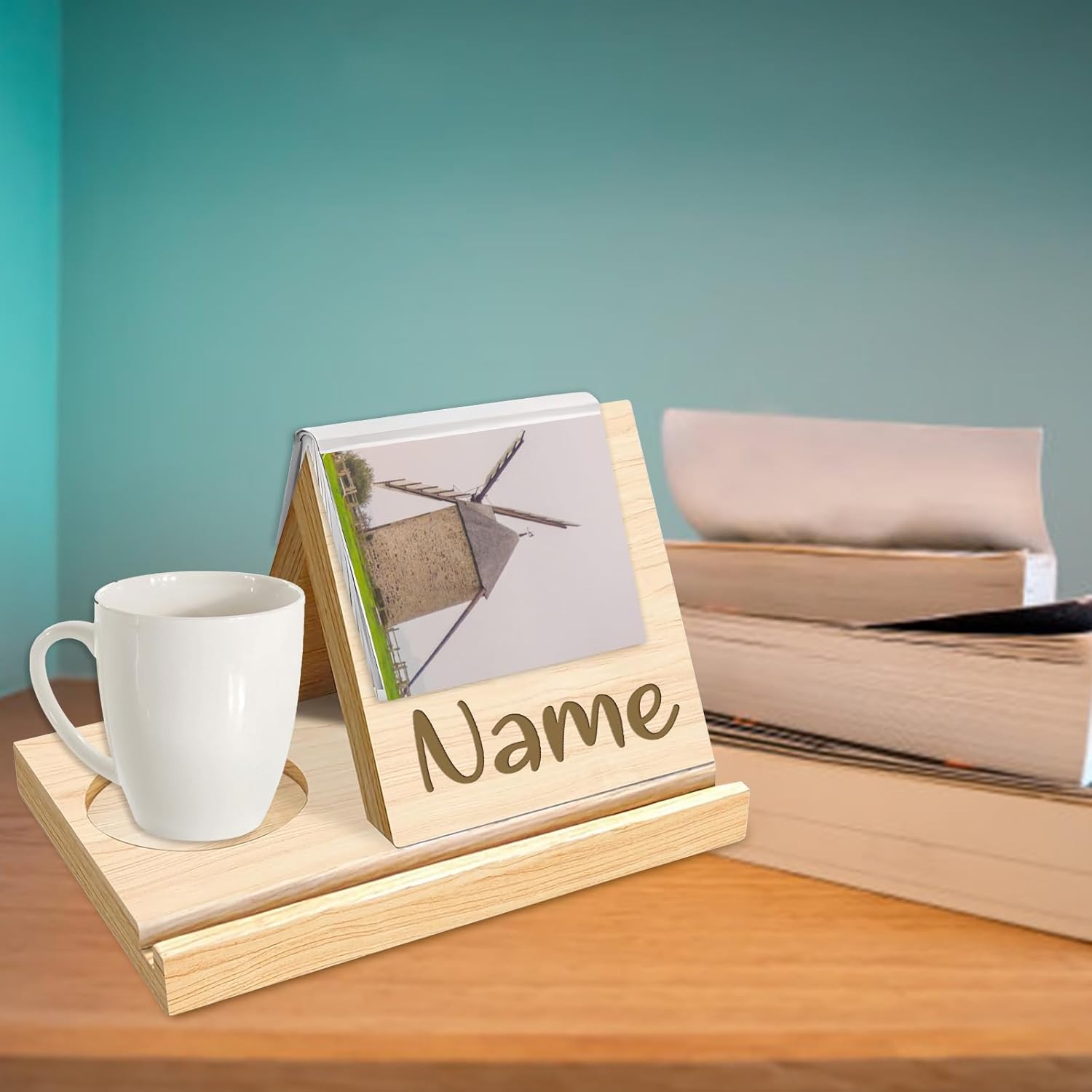 Personalized Photo Wooden Triangle Book Holder Custom Solid Oak Wood Book Stand with Coffee Drink Holder Customized Book Rest Gift for Readers Teachers Writers