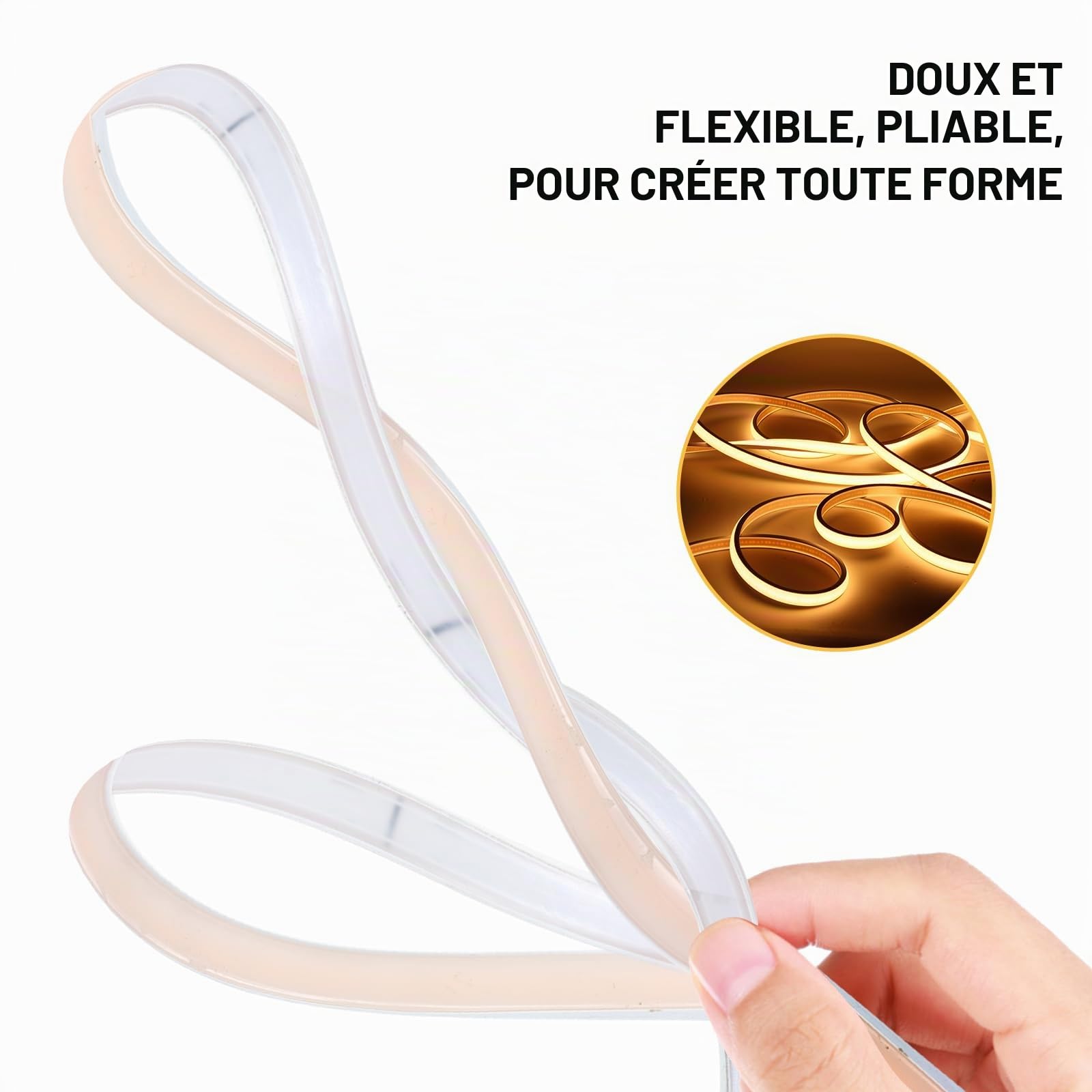 pcning Bande LED 220V 5M Blanc Chaud sans Transformateur avec Prise Exterieur IP67 Etanche Ruban, 5 Metre Bandeau LED COB Puissant Strip Light 3000K (5m, Blanc Chaud)