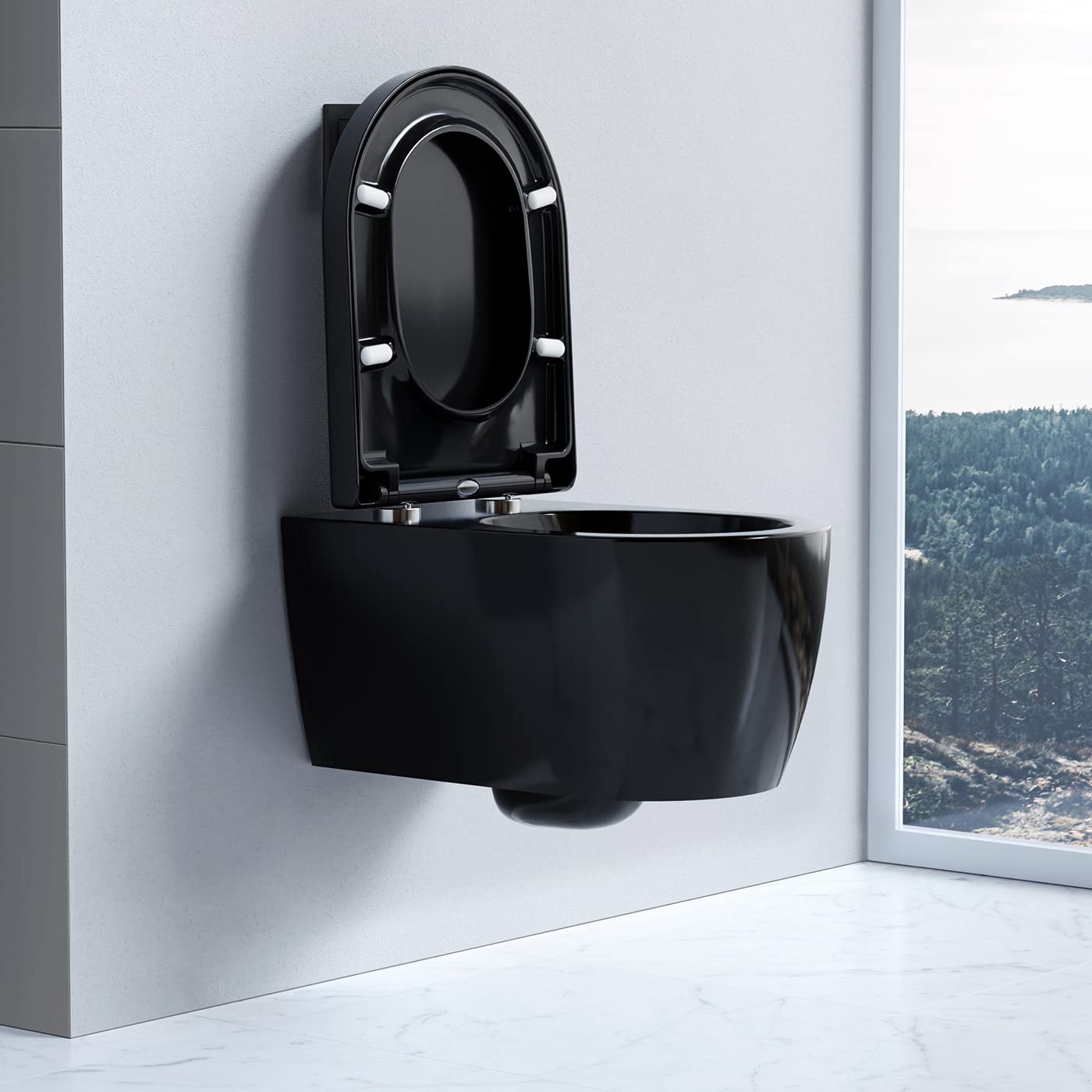 Inodoro suspendido sin borde NT2039 negro con tapa SoftClose (mecanismo de cierre suave), inodoro de cerámica sanitaria con asiento extraíble, inodoro lavabo - inodoro suspendido con tapa estándar