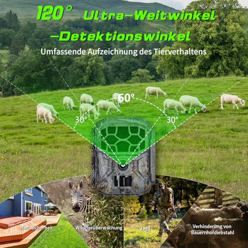 Wildkamera Solar WLAN mit Handyübertragung App 7800mAh Akku - 4K 60MP Wildtierkamera Bluetooth mit Bewegungsmelder Nachtsicht, 32GB SD-Karte, Nachtsichtkamera 0,1s Auslösezeit, IP66 Wasserdicht