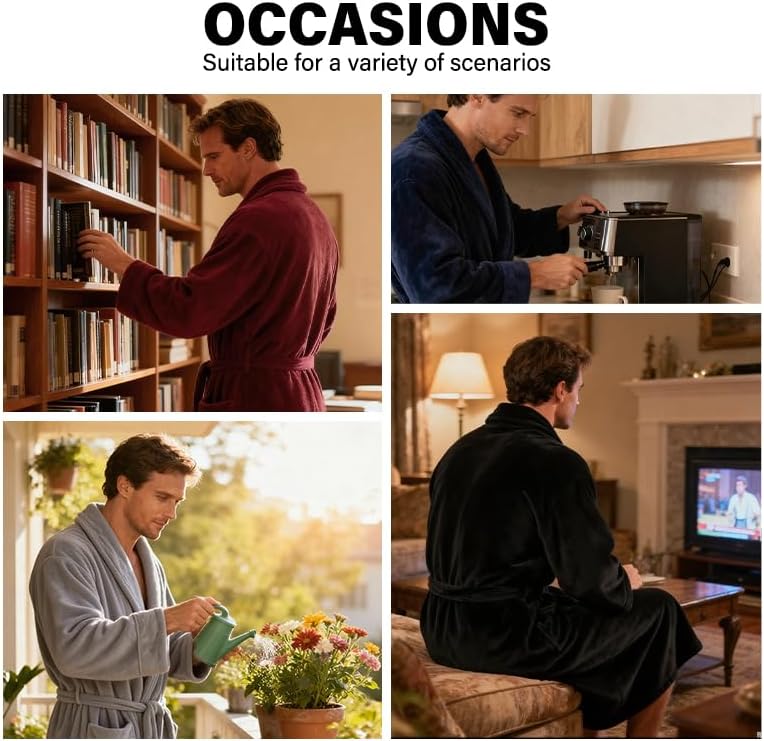 Mens Fleece Robe Soft Plush Collar Shawl Bathrobe Lightweight Long Bath Shower with Belt & 2 Pockets - Image 6