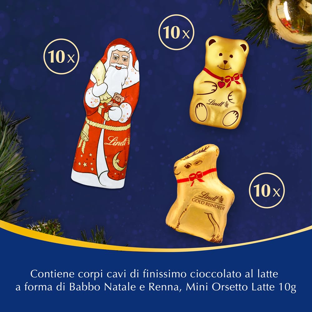 Lindt Momenti Natalizi, Scatola Regalo Natale, Cioccolatini per Natale, Praline Lindor Latte, Bianco, Fondente 45% e corpi cavi di cioccolato al latte, formato scorta 693g.