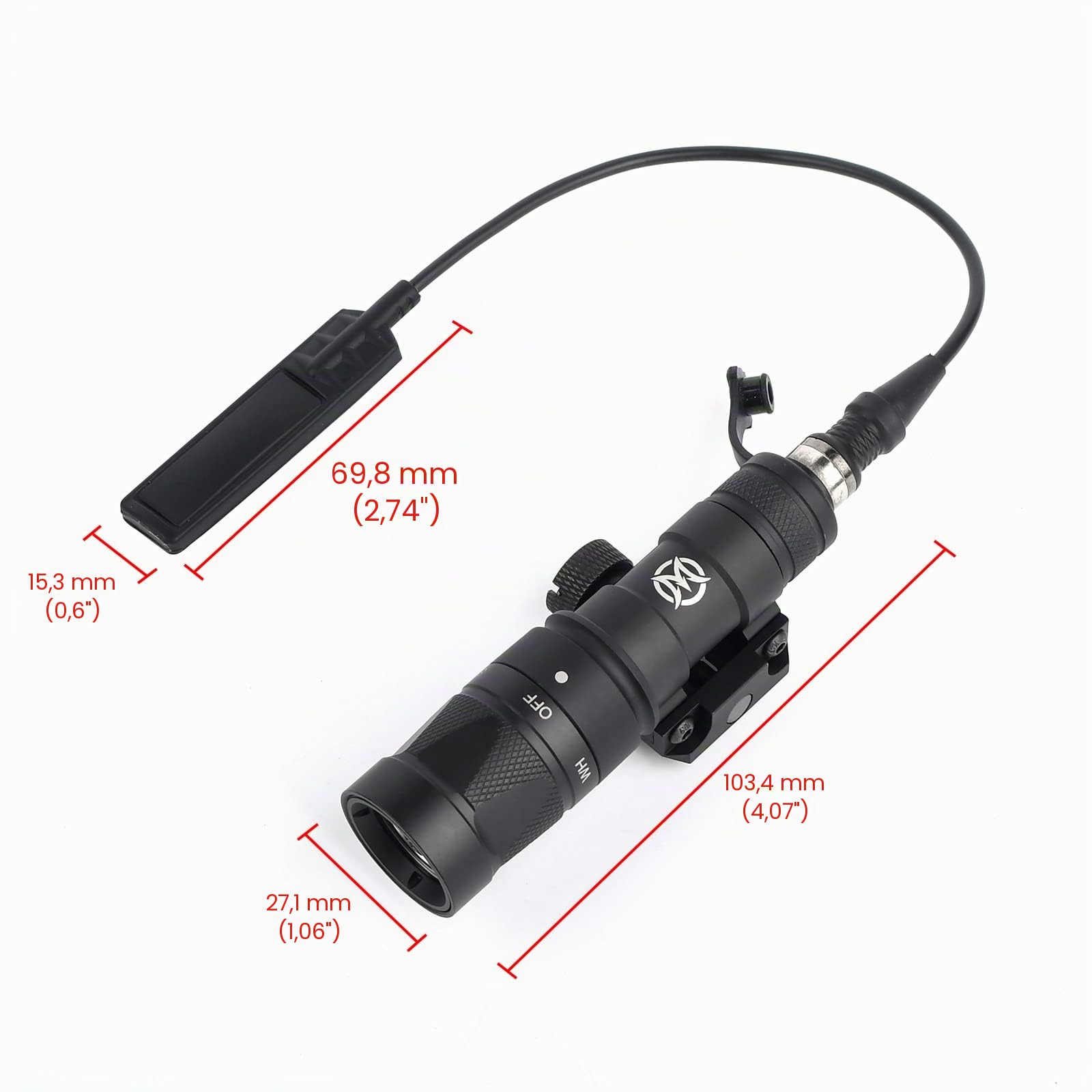 M300W torcia tattica Flash con interruttore a pressione, lampada di ricognizione flash tattico a 500 lumen per il sistema ferroviario Picatinini da 20 mm
