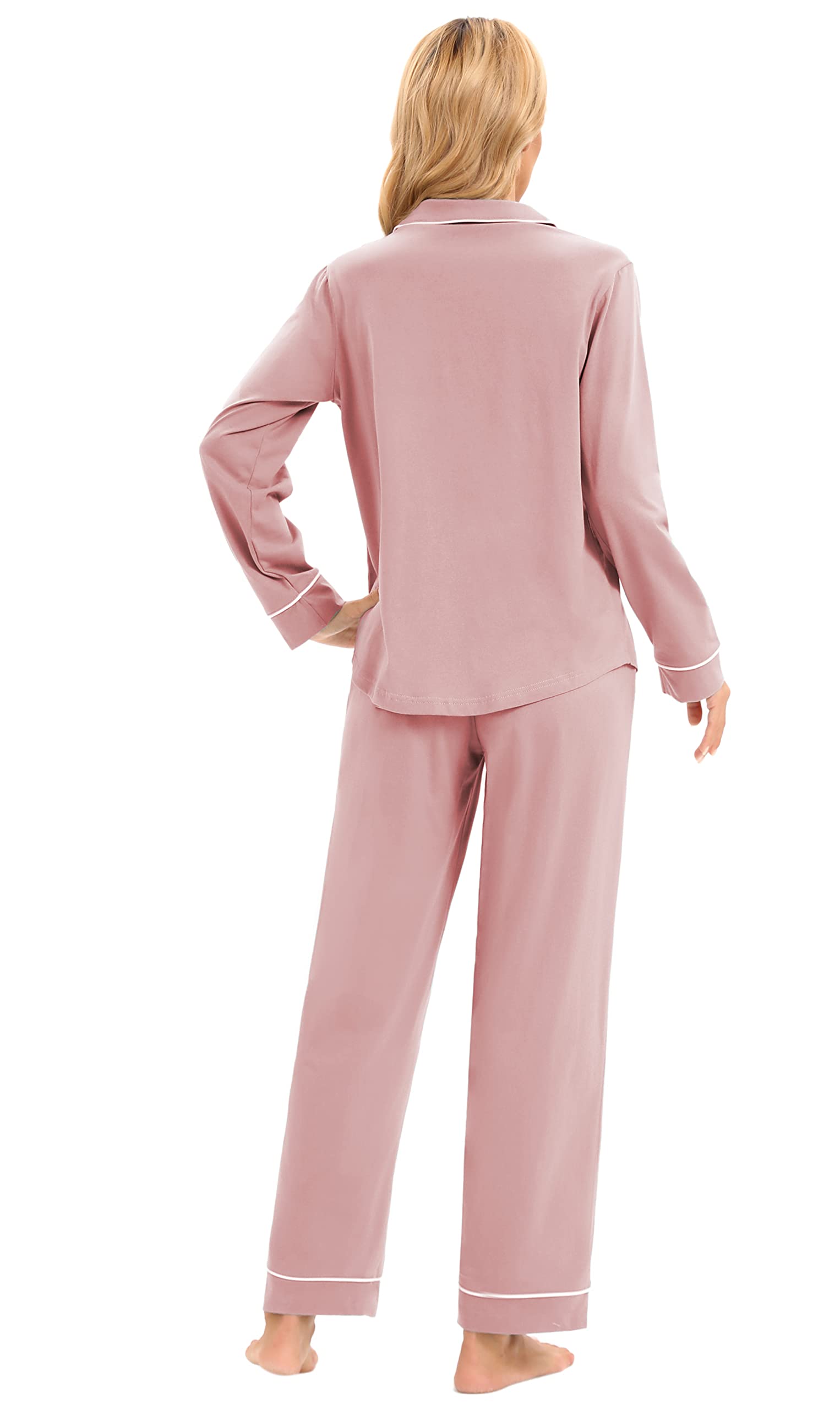 LUBOT Pigiama da Donna in 100% Cotone, Maniche Inverno Lungho, con Bottoni, pygama in Due Pezzi per Donna, Abbigliamento da Notte da S a XXL, Rosa Polveroso, L