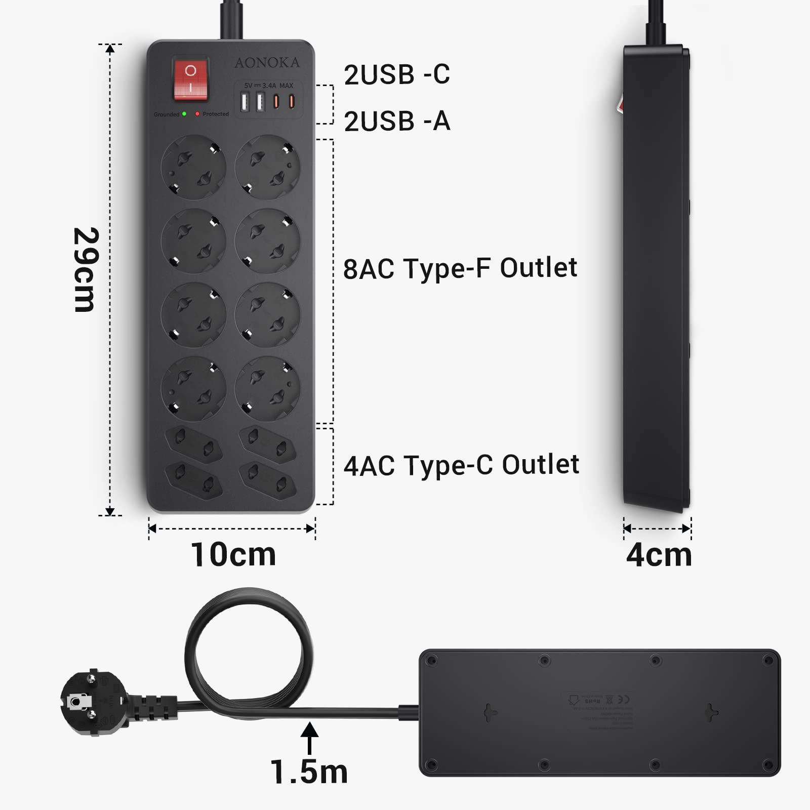 Listwa Zasilająca Przeciwprzepięciowa, Listwa z 12 Gniazdami i 2 USB-C 2 USB-A, Gniazdo Rozdzielacza z Przełącznikiem, Przedłużacz Wielowtykowy Montażu na ścianie Kabel 1.5m, Czarna