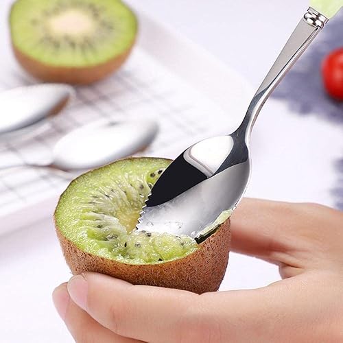 Miniatura 3 de Cucharas de pomelo, cuchara dentada de acero inoxidable con mango de cerámica multicolor para cocina (plata, blanco)