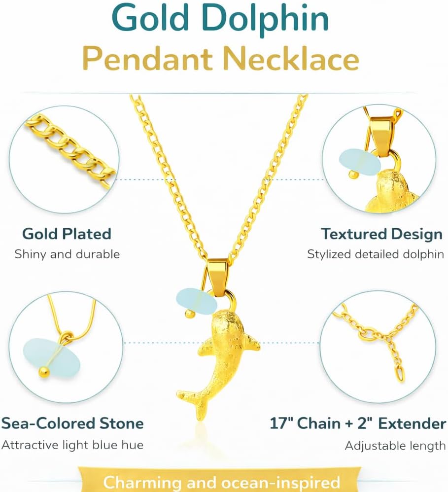 SUPAC Whale Shark Necklace with Sea Glass Accent, Gold and Silver Chain - 5 Color Options