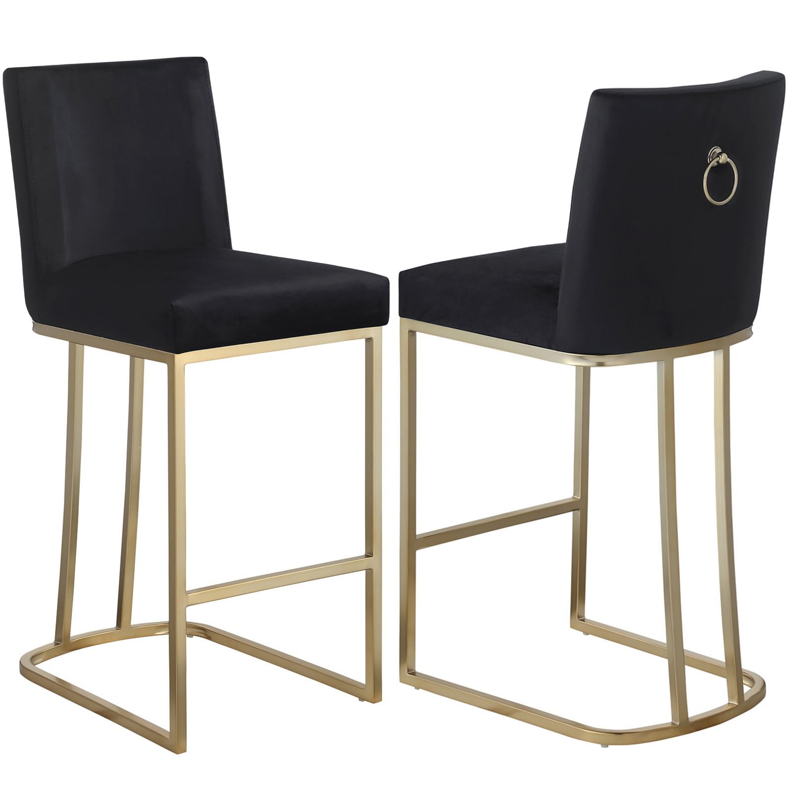 26" Black Velvet Bar Stools Set of 2, Modern Counter Height Bar Stools Counter Chairs with Curved Backrest, Upholstered Bar Chairs with Brass Metal Legs for Kitchen Island/Bar