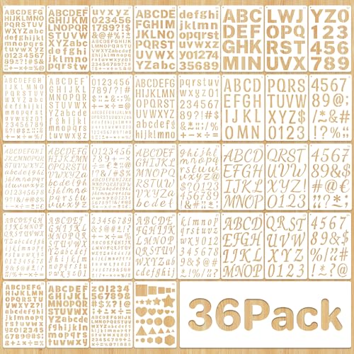 36Pcs Letter Stencils for Painting 1/2 3/4 1 5/4 2Inch Small Reusable Plastic Letter Geometric Alphabet and Number Templates for Scrapbooking Walls Art Projects Notebook Journal Home Decor Custom Sign