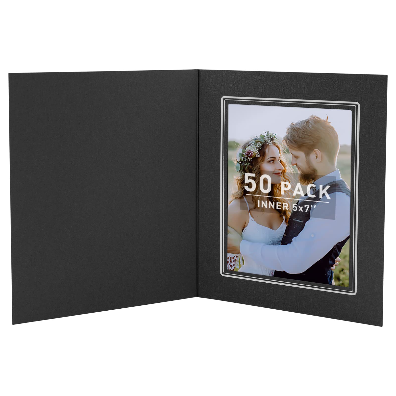 Golden State Art 50 Pack, 5x7 Photo Folders, Black with Silver Lining, DIY Photo Frames, All Occasions