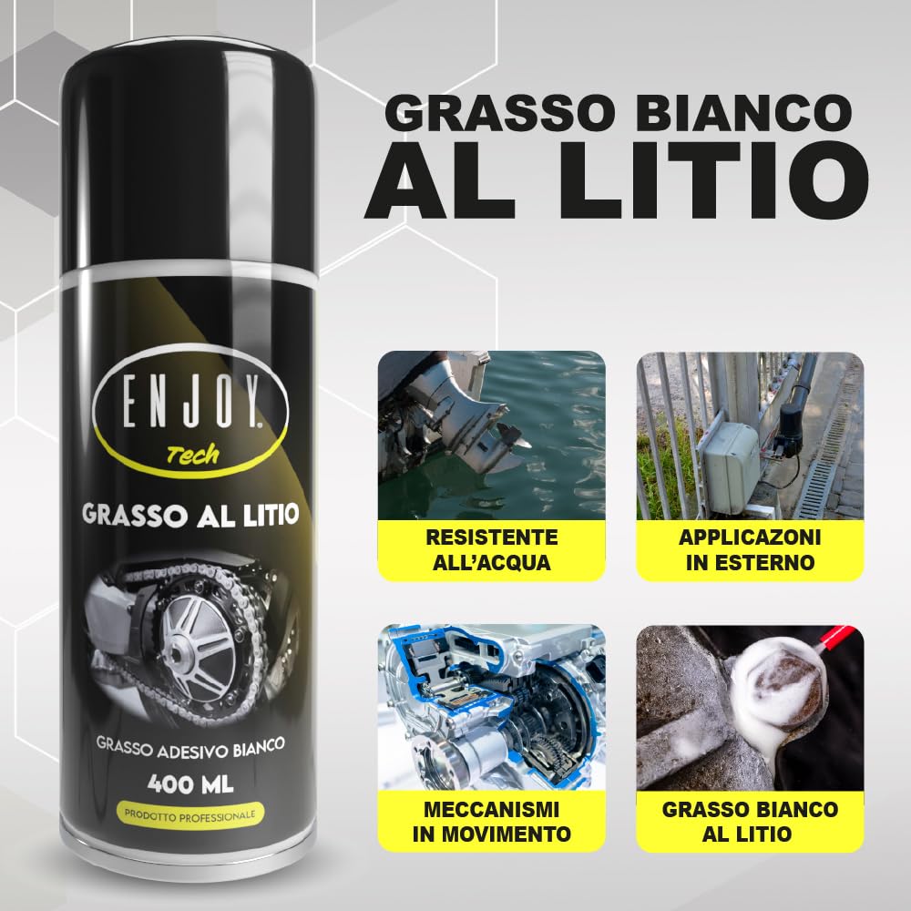 Enjoy Tech Grasso al Litio Spray 400ml, Lubrificante per Serrande, Cancelli e Cuscinetti Bici, Grasso Bianco Idrorepellente Anti-Ossidazione per Meccanica Auto e Casa, Professionale Made in Italy