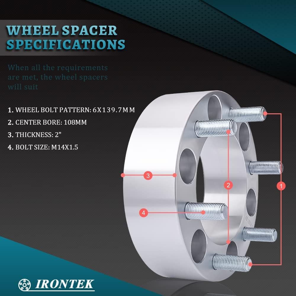 IRONTEK 2in 6x139.7mm Wheel Spacers Fit for Chevrolet GMC Cadillac 6x5.5” Wheel Spacer Adapters 50mm 6Lug 10.9 Grade Studs (14x1.5 Studs, 108mm Hub Bore) 4pcs