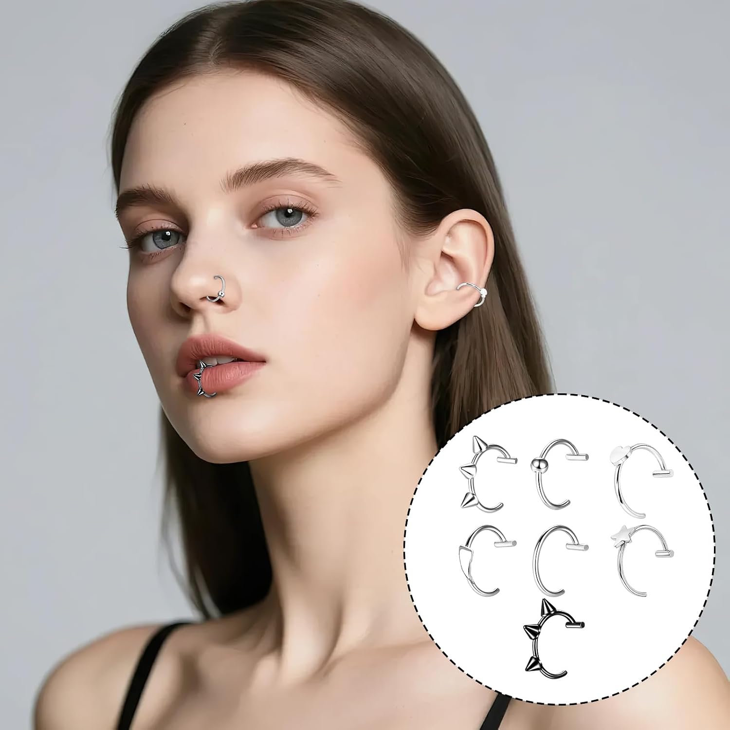 14 Pcs Fake Lip Rings Set, Silver Tone Faux Lip Cuff Non Piercing Clip On Jewelry, Vampire Fangs Tiger Teeth, Star & Heart Non Piercing Jewelry for Halloween Cosplay Goth Accessories