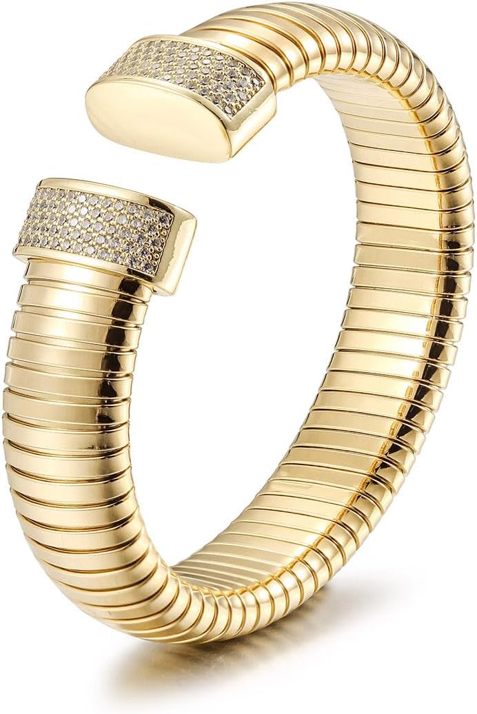 CIUNOFOR 14K Gold Plated Braclets for Women, Silver Layered Herringbone Stretch Bracelet, Stackable Chunky Snake Chain Bangle for Her Gifts, Fit 6.5”–7.5” Wrists