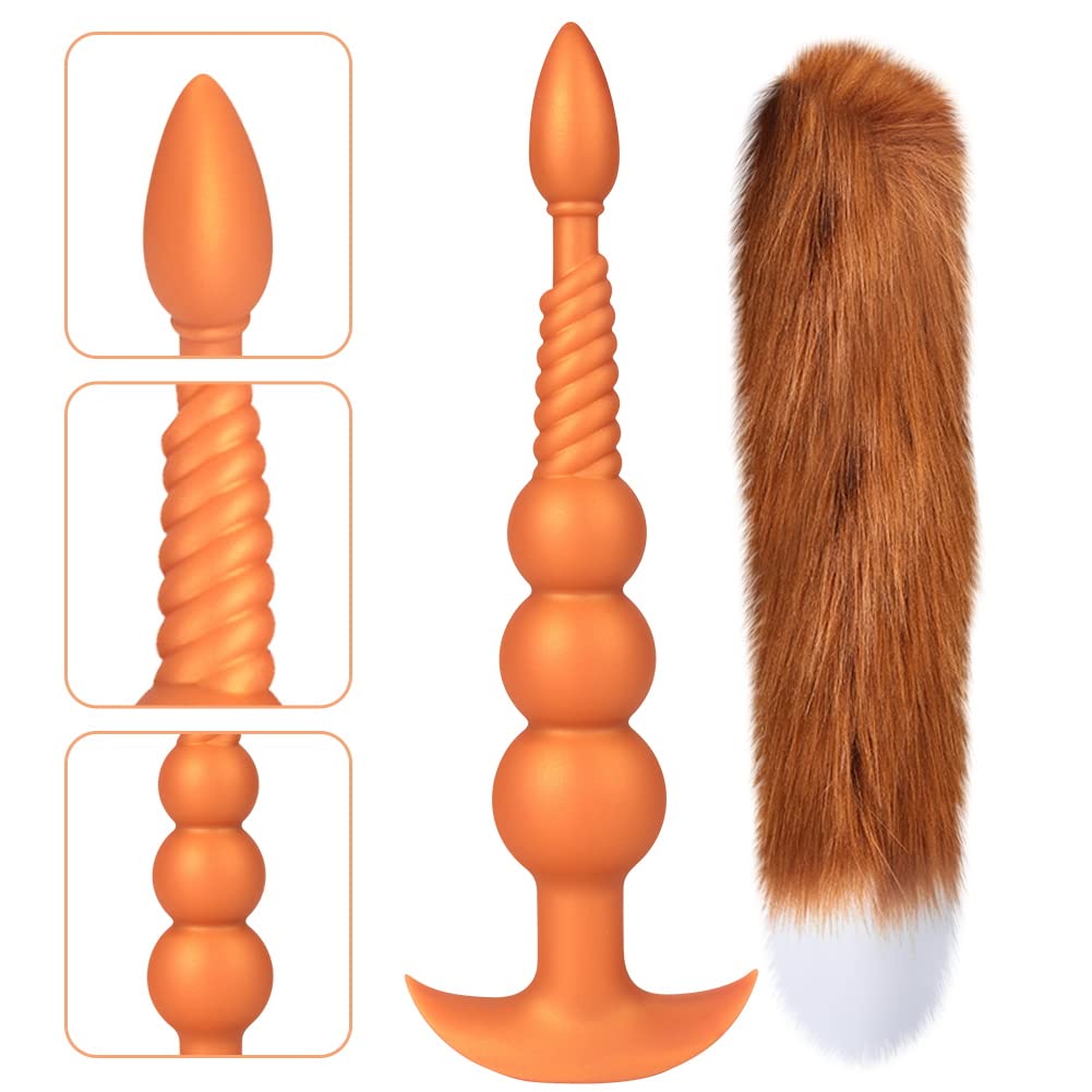 Anal Beads with Removable Foxtail Extra Long Fox Tail Anal Butt Plug Sex Toy Liquid Silicone Anal Plugs Anal Stimulator for Men Women Couples Cosplay Anal Trainer Erotic SM Sex Games (L)