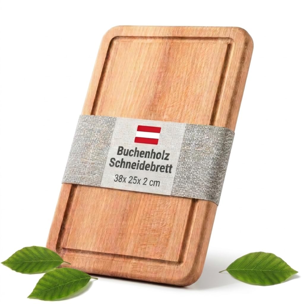 Tagliere in legno massello di faggio oliato, 38 x 25 x 2 cm, con scanalatura, qualità artigianale austriaca, per cucina e servire