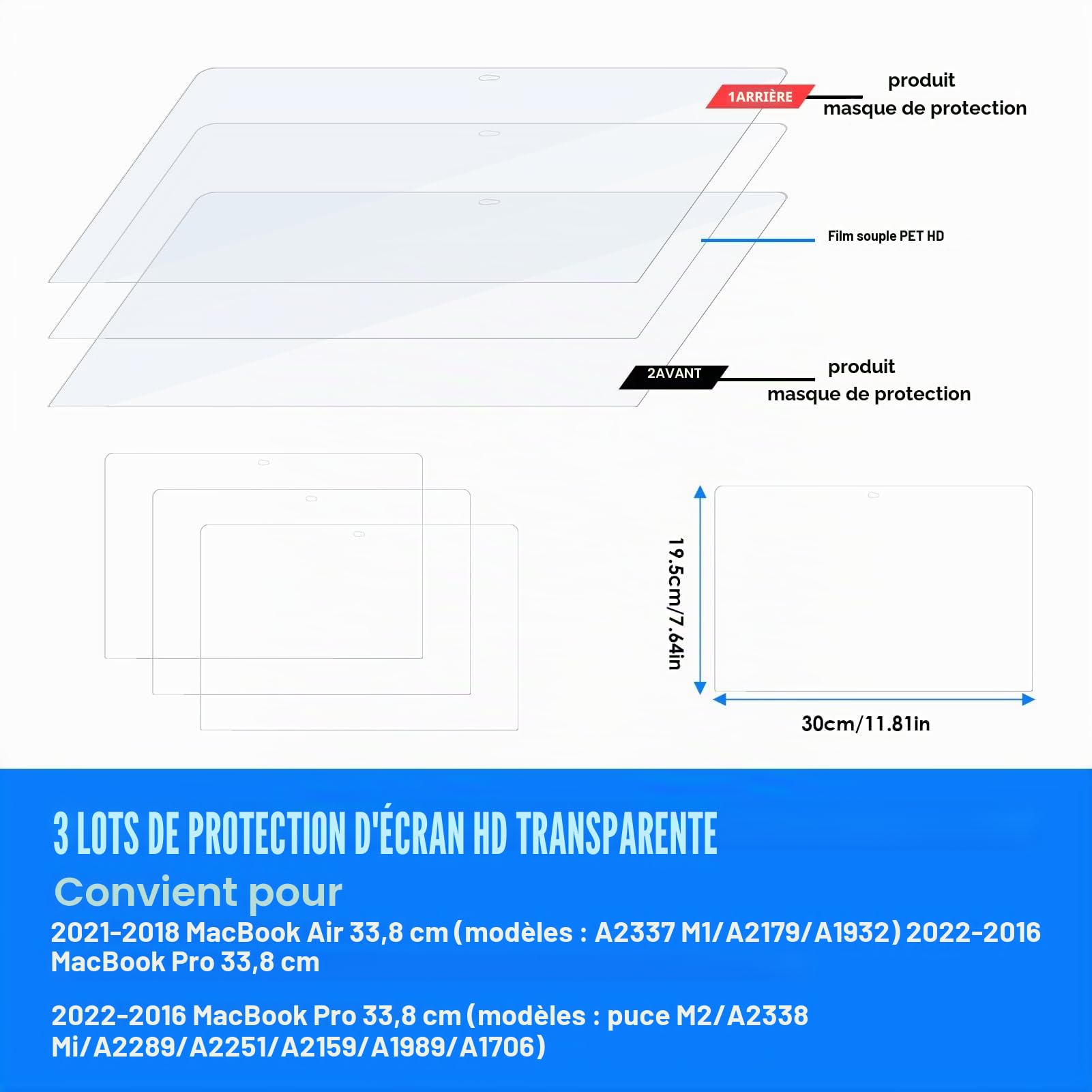 Lot de 3 Protection D'écran pour MacBook Air 13 Pouces 2018-2021 M1 A2337 A2179 A1932 et MacBook Pro 13 Pouces M1 M2 A2889 A2251 A2338 A2159 A1706 A1708 A1989