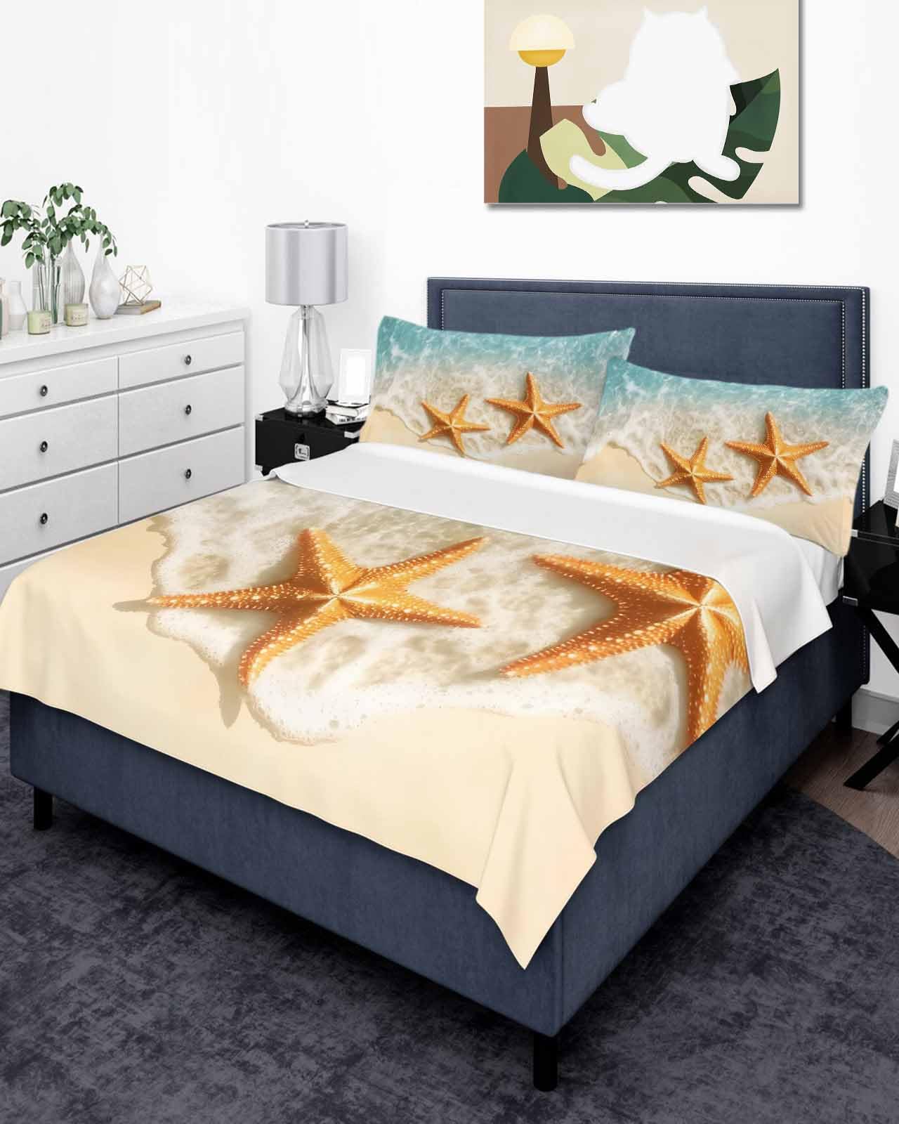 Cal King Top Sheet Bedding Flat Sheet Only, Summer Ocean Orange Starfish Soft Microfiber Bed Sheets Hotel Luxury, Watercolor Beach Seamless Breathable Top Sheets Easy Care