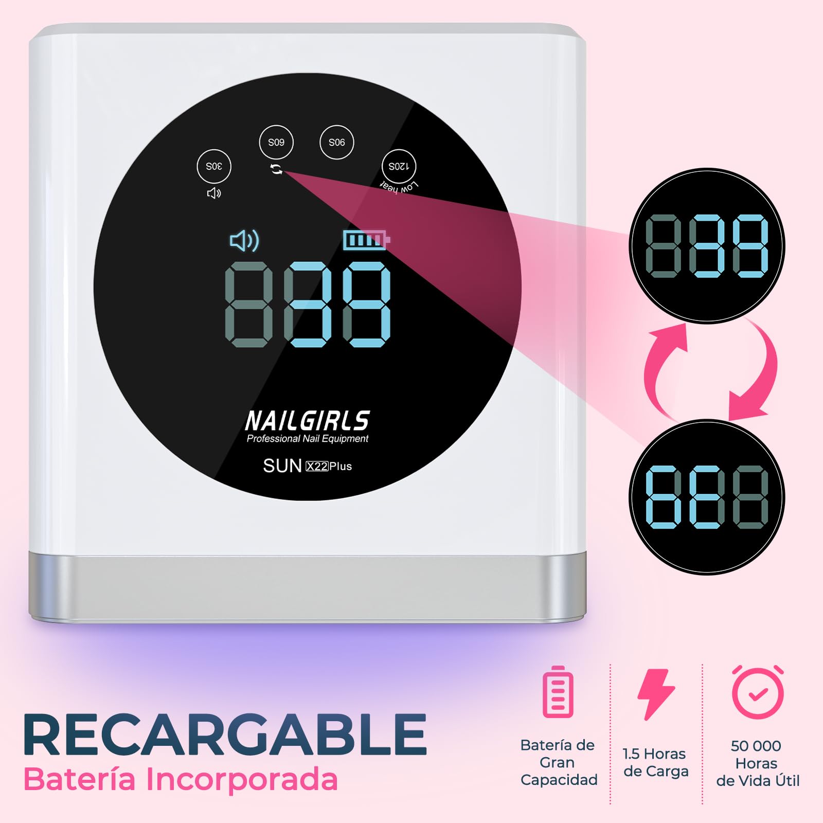 NAILGIRLS Lámpara LED UV recargable, secador de uñas inalámbrico de 150 W para gel y esmalte regular, secador LED de gel de curado de esmalte de uñas con 4 ajustes de temporizador, sensor automático