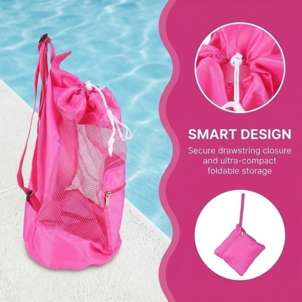17.3 In Polyester Mesh Drawstring Backpack - Outdoor Beach Storage Bag with Adjustable Shoulder Straps, Foldable Design for Swimming Pool(Red)