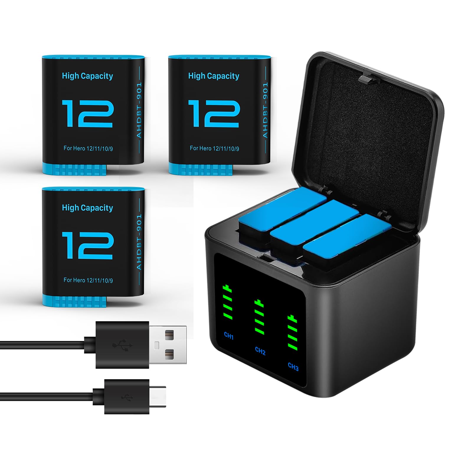 3 Stück 2580mAh Ersatzakkus für Gopro Hero 12/11/ 10/9 mit 3-Kanal Typ-C Akku-Ladestation USB-C-Aufladen