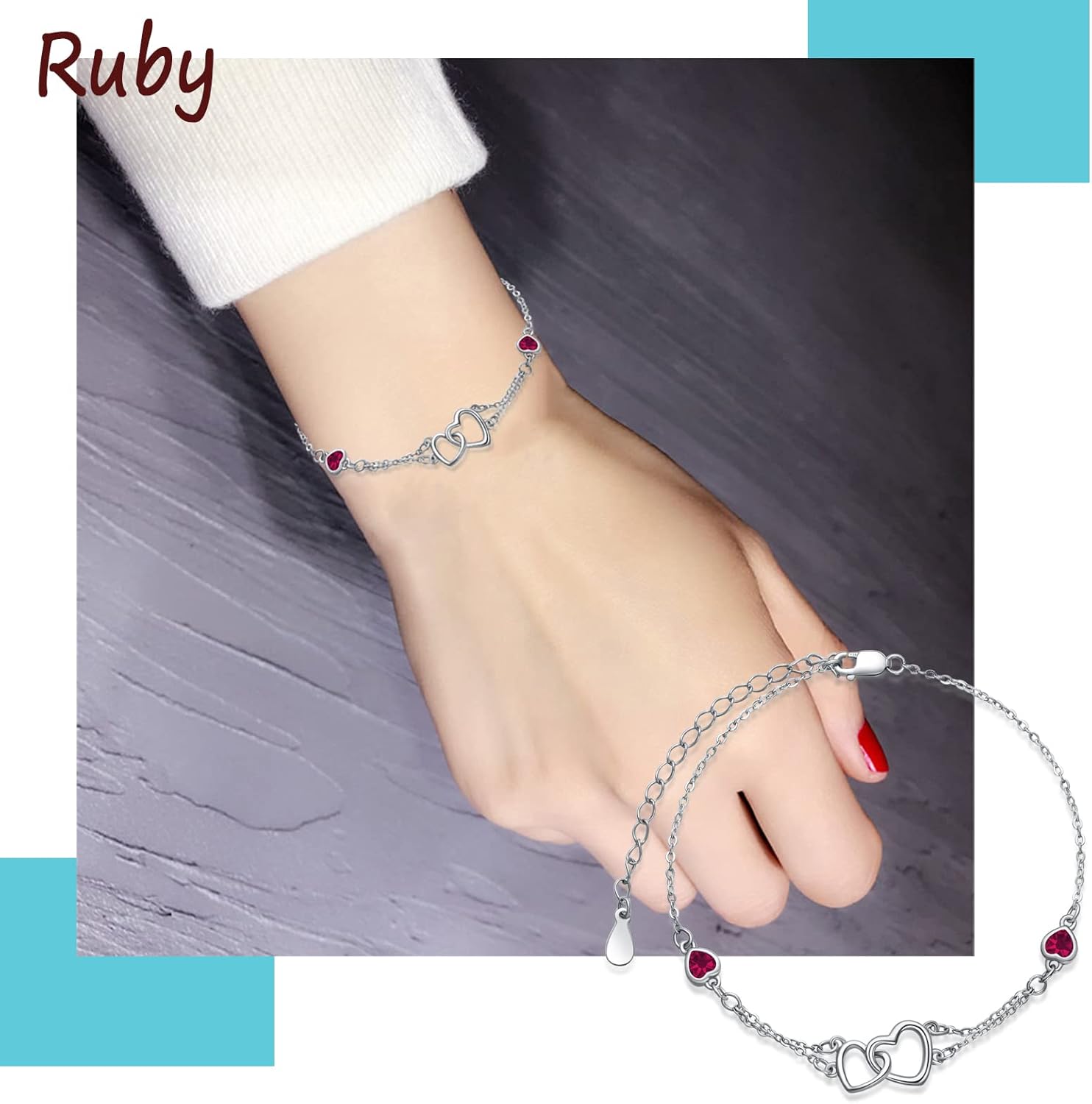 Dorunmo Anklet/Bracelet for Women 925 Sterling Silver Birthstone Jewelry Cubic Zirconia Double Heart Chain Jewelry for Mom Wife Friend Bride Valentine's Day Christmas Birthday Mother's Day