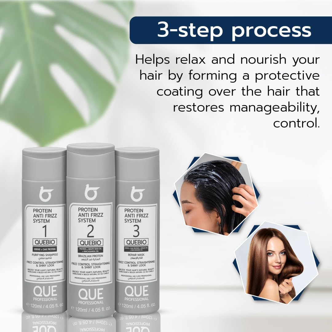 QUEBIO Keratin Hair Treatment Kit | 3 Step Anti-Frizz System with Purifying Shampoo, Protein Complex & Repair Mask | Formaldehyde-Free | Nano Technology | Organic Oils for Silky Hair | 4.05 fl. oz.