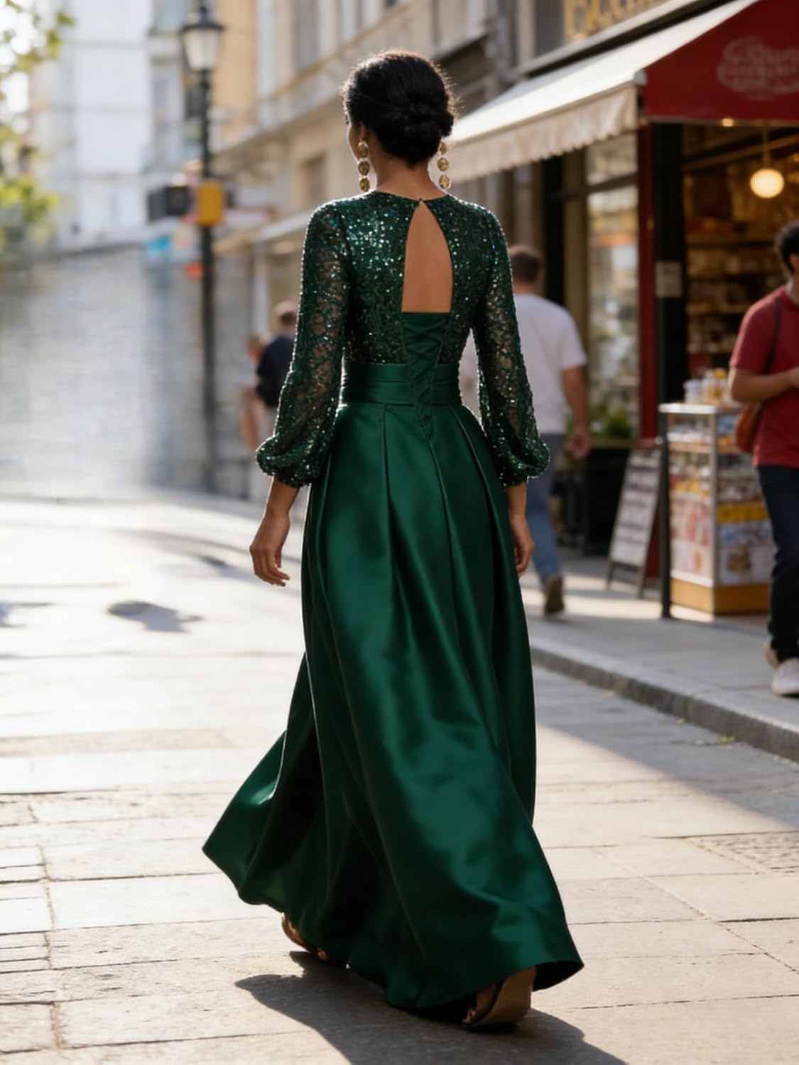 Long Sleeve Prom Dress with Pockets for Women Sequin Satin Mother of Bride Dresses V Neck Formal Evening Gown - Image 2