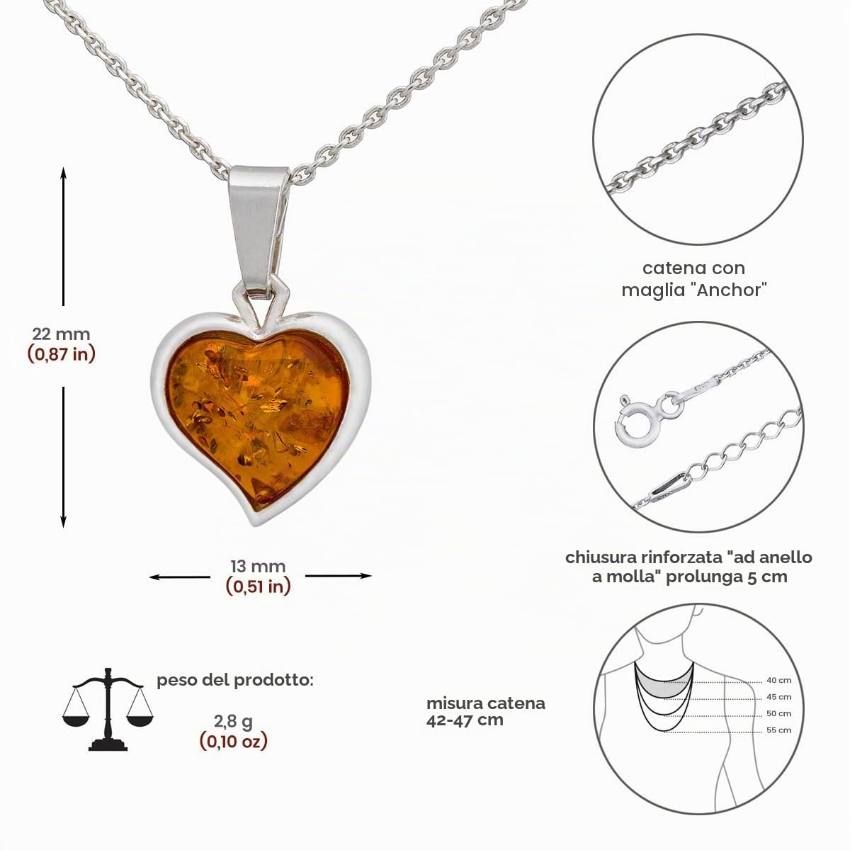Collana da Donna con Ambra, Argento Sterling Lucidato, Ambra Baltica Color Cognac, Ciondolo D'argento con Cuore D'ambra Misura S con Catena