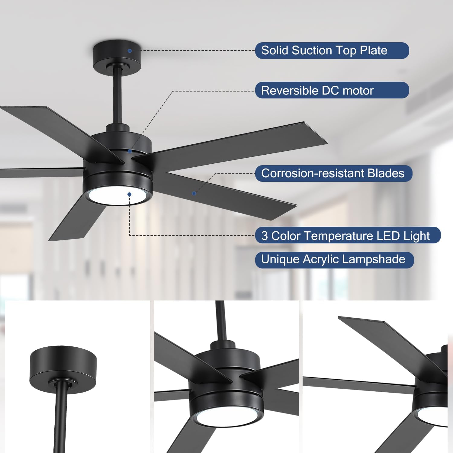 Ceiling Fans with Lights and Remote, 52 Inch Industrial Ceiling Fan with Reversible DC Motor, 6-Speed, 3 Color Light, Downrod Mount LED Ceiling Light Chandelier for Bedroom (Black)