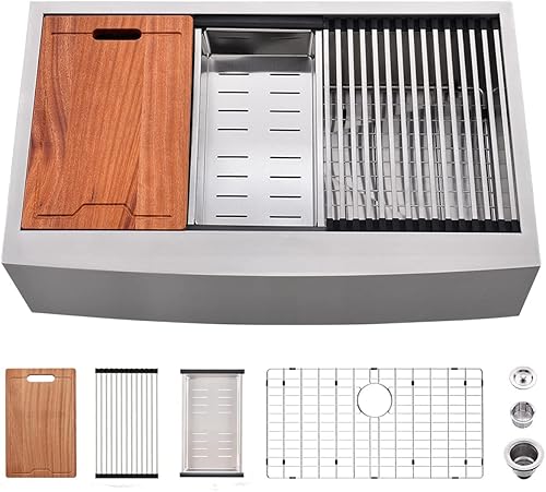 Fregadero de acero inoxidable de 33 pulgadas con estación de trabajo estilo casa de campo, 33 x 22 pulgadas, fregadero de estación de trabajo