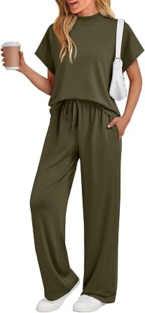 AUTOMET Womens 2 Piece Matching Lounge Sets 2026 Summer Mock Neck Sweatsuits Short Sleeve Loungewear Travel Outfits
