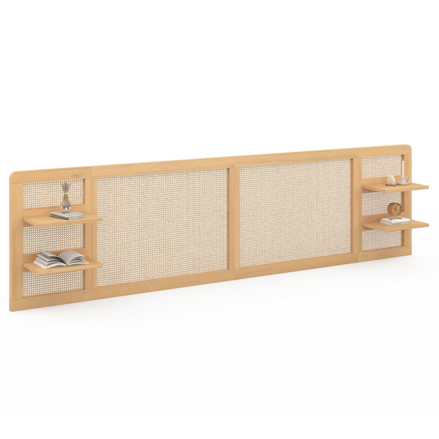 IDMarket EDHEN - Cabecero de cama colgante 240 cm cannage y madera con estantes