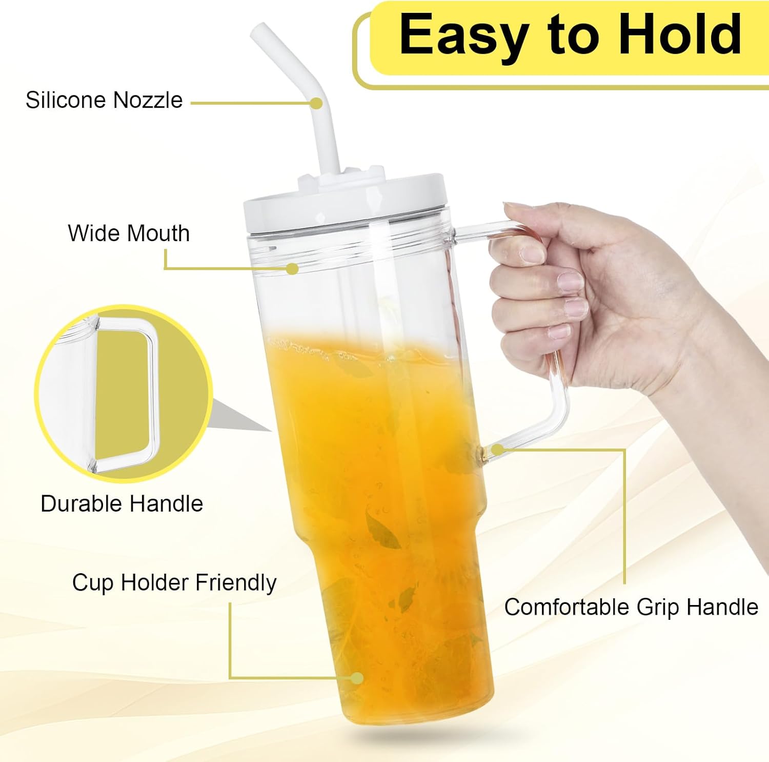 2 Pack 40 oz Acrylic Tumbler with Handle, Clear Plastic Cups with Lids and Straws, BPA-Free Reusable Iced Coffee Cups, Wide Mouth Travel Mug for Coffee, Boba, Smoothies, Soda, Juice - Image 3