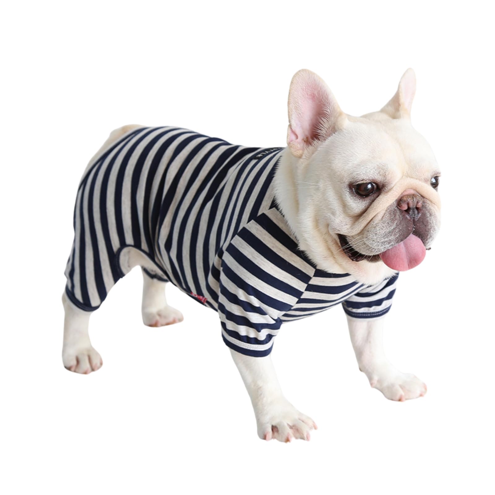 BT Bear Fat Dog Clothes,Dog Classic Striped Pajamas Soft Cotton Jumpsuit Pug French Bulldog Onesies Costume for Puppy Small Medium Dogs (Navy Blue
