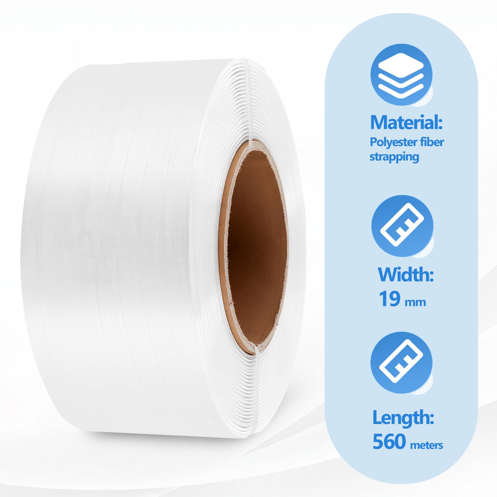 Sangle polyester 560m 19mm résistante 725kg, 200 boucles de cerclage 19mm