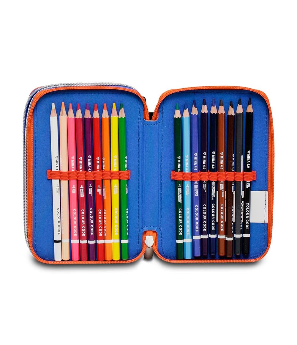 Seven Sonic Astuccio Scuola Elementare 3 Scomparti, COME AND GET ME, Blu Rosso, Contenuto 43 pz, Completo di Matite, Penne, Pennarelli, Portapenne Scuola Bambino Elementari