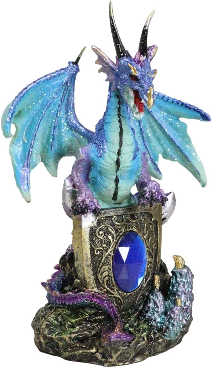 Ebros Ferocious Azure Dragon Guarding Blue Sapphire Ancient Relic Stone Figurine Dungeons And Dragons Mythical Fantasy Fairy Garden Accessory Collectible Resin Sculpture Arthurian Legends