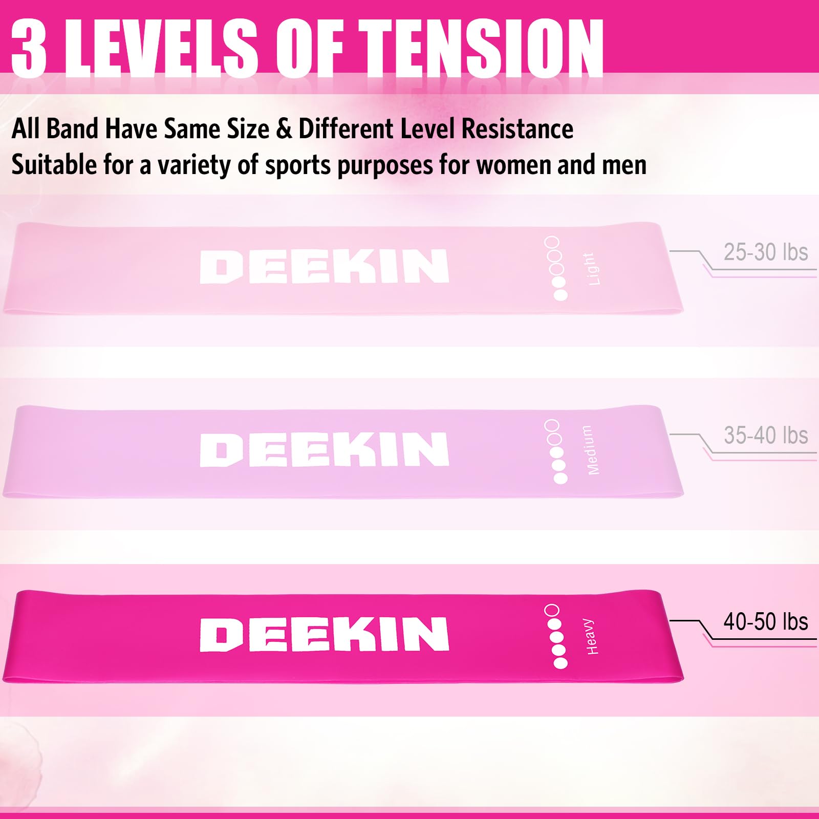 DEEKIN Lot de 20 bandes de résistance élastiques pour homme et femme - Pour fitness, gym, yoga, 18 à 22,7 kg - Violet rouge